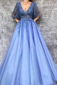 A-Line V-Neck Half Sleeves Tulle Prom Dress with Appliques PFP1643