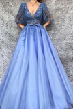 A-Line V-Neck Half Sleeves Tulle Prom Dress with Appliques PFP1643