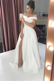 Simple Off-The-Shoulder White A-Line Wedding Dress With Slit PFP1753
