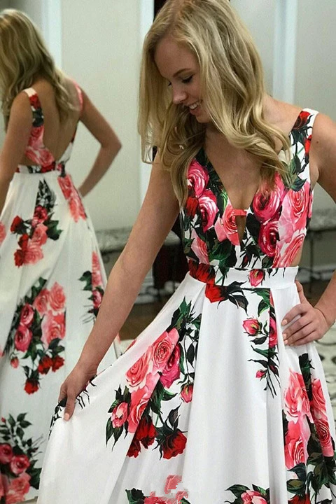 Sexy A line V neck Spring Floral Printed Long Prom Dress With Pockets Promfast