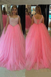 Pink Tulle Beading Lace Up Back Long Ball Gown Plus Size Prom Dress PFP0824