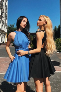 Cute A Line Open Back Satin Blue Short Homecoming Dresses with Pockets PFH0040
