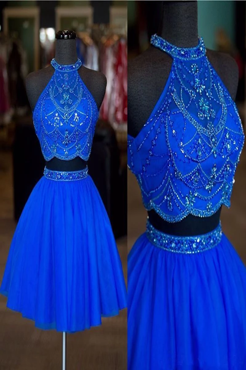 Halter Two Pieces Beaded Royal Blue A-line Tulle Mini Short Homecoming Promfast Halter Two Pieces Beaded Royal Blue A-line Tulle Mini Short Homecoming Promfast