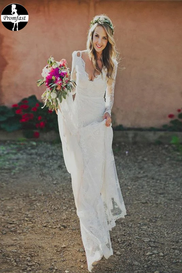 Sheath V-neck Backless Long Sleeves Lace Boho Wedding Dresses PFW0380
