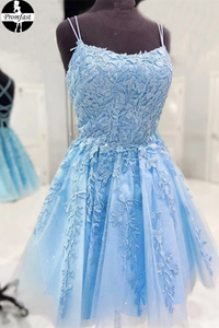 Promfast new 2021 Backless Short Light Blue Lace Prom Dresses, Homecoming dress, Formal Graduation Dress PFH0308
