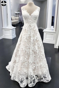 Promfast A Line V Neck White Floral Lace Wedding gown online, Cheap prom dress,White Evening Dresses PFW0477