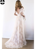 Promfast Open Back Romantic A-Line White Lace Long Wedding Dress PFW0481