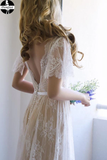 Promfast Open Back Romantic A-Line White Lace Long Wedding Dress PFW0481