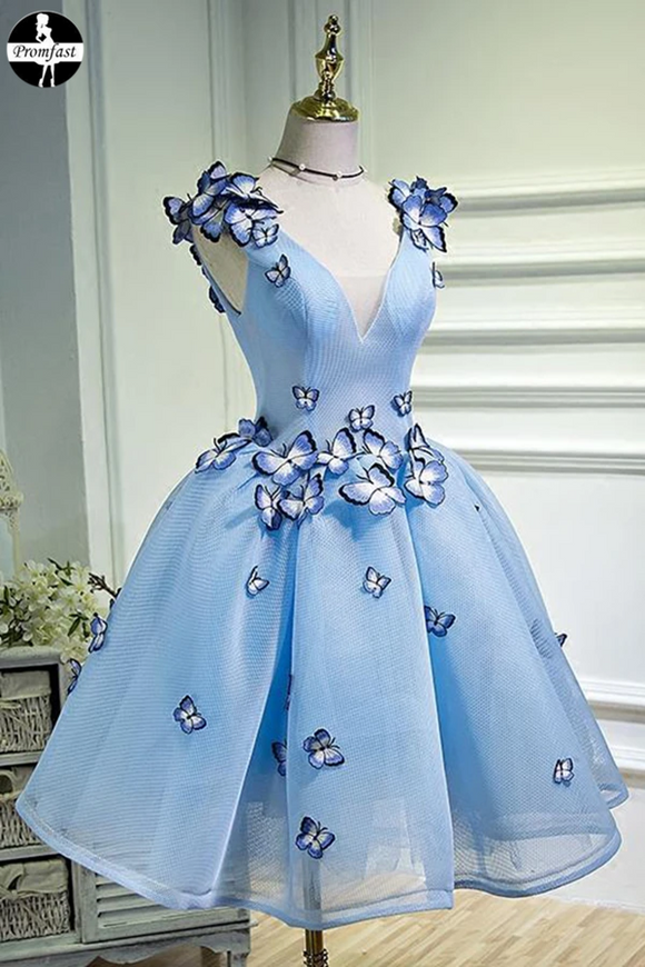 Promfast Sky Blue A Line Flowers V Neck Sleeveless Junior Prom Dress