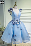 Promfast Sky Blue A Line Flowers V Neck Sleeveless Junior Prom Dress, Homecoming Dress PFH0311