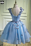 Promfast Sky Blue A Line Flowers V Neck Sleeveless Junior Prom Dress, Homecoming Dress PFH0311