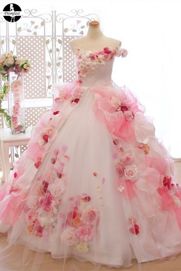 Promfast Lace Pink 3D Flowers, Ball Gown, Organza Beaded O Neck wedding dress PFW0484
