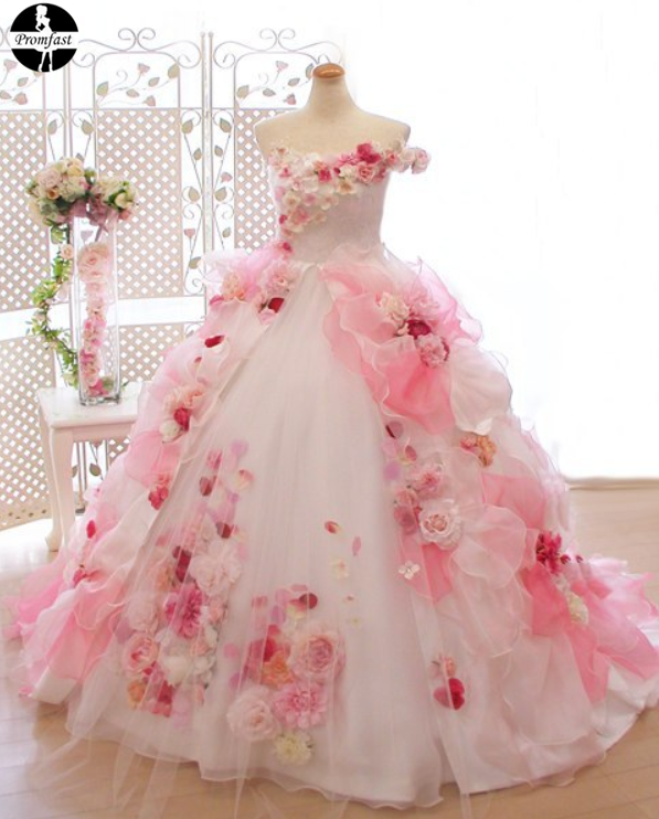 Promfast Lace Pink 3D Flowers, Ball Gown, Organza Beaded O Neck weddin