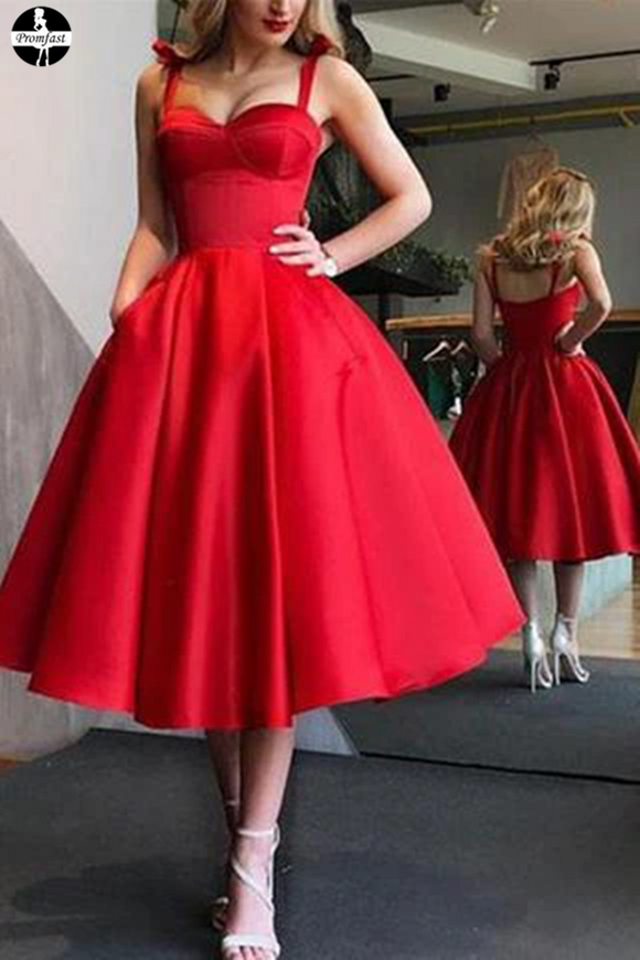 Promfast A-Line Red Spaghetti Straps Tea-Length Satin Prom Homecoming Dresses with Pocket PFH0317