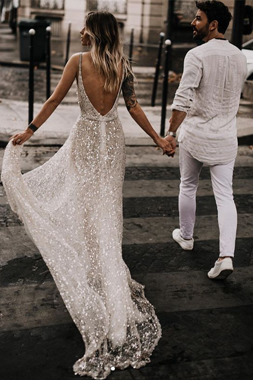Promfast 2021 Sparkle Beach Wedding Dresses Sexy Open Wedding Gown for