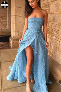 Promfast Appliques Sexy A line See Through Strapless Slit Backless Blue Prom Dresses PFP1946