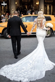 Promfast Long Sleeve Elegant Lace Mermaid Tulle Wedding Dresses for Sale PFW0488