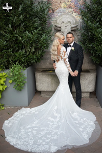 Promfast Long Sleeve Elegant Lace Mermaid Tulle Wedding Dresses for Sale PFW0488