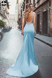 Promfast Light Sky Blue Mermaid Prom Dresses Straps Modest Long Prom Dress Evening Dresses PFP1950
