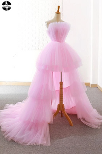 Promfast A-line Pink High Low Prom Dress Tulle Formal Dresses Evening Gowns for Sale PFP1951
