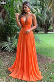 Promfast A Line Spaghetti Straps Orange Prom Dress, Chiffon Sexy Deep V Neck Prom Dresses PFP1953