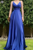 Promfast Satin Royal Blue V neck Prom Dresses, A Line Lace up Evening Dresses for sale PFP1954