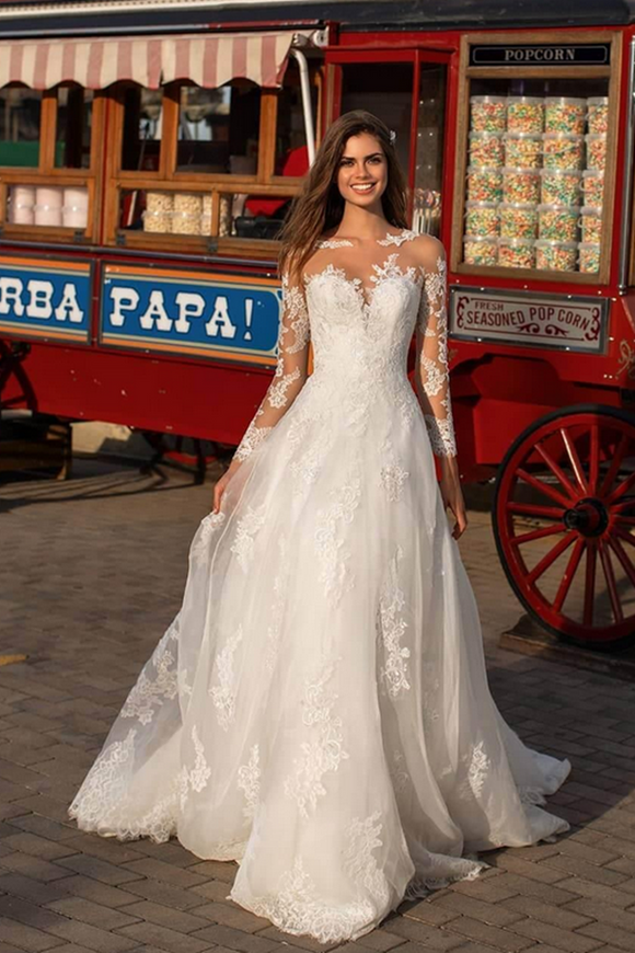 A-Line Jewel Neck Floor Length Polyester Wedding Dresses, Formal Boho Plus Size Wedding Dress PFW0489