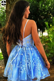 Promfast A Line Spaghetti Straps Blue Homecoming Dresses, Appliques V Neck Short Prom Dress PFH0318