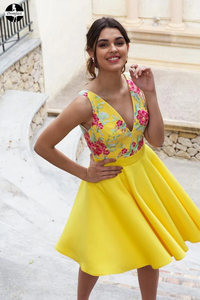 Promfast Yellow Floral Satin Illusion Back Daffodil V Neck Homecoming Dresses Short Cocktail Dresses PFH0319