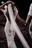 Promfast Vintage Lace V Neck Rustic Wedding Dresses Cap Sleeve Ivory Sheath Beach Wedding Gown PFW0493