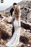 Promfast Vintage Long Sleeve Mermaid Lace Applique Wedding Dresses Beach Wedding Gown PFW0495