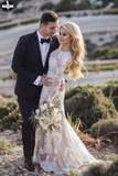Promfast Vintage Long Sleeve Mermaid Lace Applique Wedding Dresses Beach Wedding Gown PFW0495