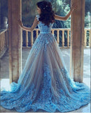 Promfast A-Line Wedding Dresses,Blue Sleeveless Tulle Wedding Dress With Chapel Train,Princess Wedding Dress PFW0496