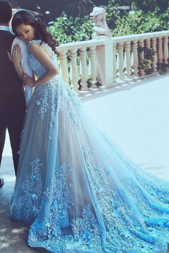 Promfast A-Line Wedding Dresses,Blue Sleeveless Tulle Wedding Dress With Chapel Train,Princess Wedding Dress PFW0496