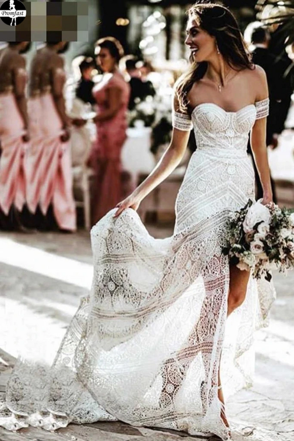 Promfast Elegant Sweetheart Lace Strapless Mermaid Ivory Wedding Dresses, Long Bridal Dresses PFW0498