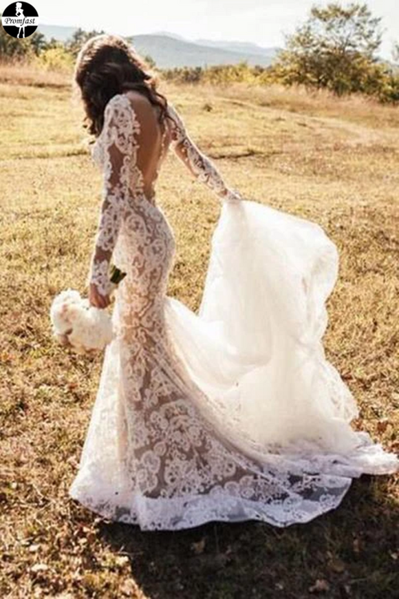 Promfast Romantic Long Appliques Backless Lace Mermaid Ivory Long Sleeve Wedding Dresses PFW0499
