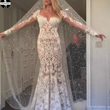 Promfast Romantic Long Appliques Backless Lace Mermaid Ivory Long Sleeve Wedding Dresses PFW0499