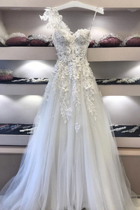Promfast Long White Sweetheart Neck Lace Applique Prom Dress, Evening Dresses PFP1963