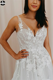 Promfast A-line V Neck Soft Tulle Lace Appliques Romantic Wedding Dress PFW0504