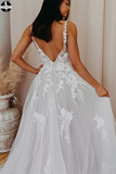 Promfast A-line V Neck Soft Tulle Lace Appliques Romantic Wedding Dress PFW0504