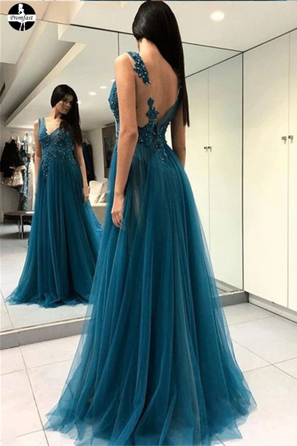 Promfast A-line Prom Dresses Deep V Blue Tulle Modest Long Prom Dress Promfast A-line Prom Dresses Deep V Blue Tulle Modest Long Prom Dress