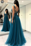 Promfast A-line Prom Dresses Deep V Blue Tulle Modest Long Prom Dress PFP1968