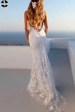 Promfast Sexy Backless Off White Mermaid Lace V Neck Wedding Dresses, Long Prom Dresses PFW0512