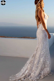 Promfast Sexy Backless Off White Mermaid Lace V Neck Wedding Dresses, Long Prom Dresses PFW0512