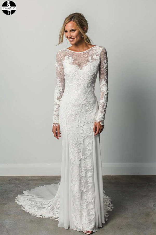 Promfast Sheath A Line Long Sleeves Ivory Rustic Lace Backless Scoop N