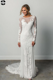 Promfast Sheath A Line Long Sleeves Ivory Rustic Lace Backless Scoop Neck Beach Wedding Dresses PFW0513