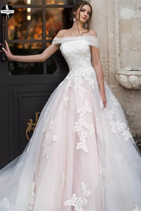 Promfast A-line Off-the-shoulder Rustic Wedding Dress Applique Wedding Gown PFW0516
