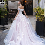 Promfast A-line Off-the-shoulder Rustic Wedding Dress Applique Wedding Gown PFW0516