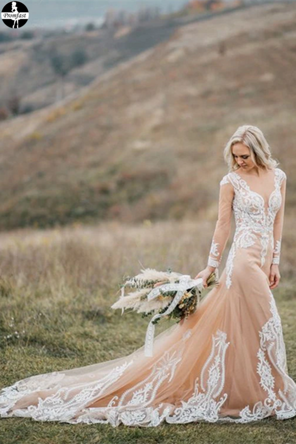 Promfast Boho Wedding Dress With Nude Underlay Tulle Lace Applique Wed