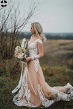 Promfast Boho Wedding Dress With Nude Underlay Tulle Lace Applique Wedding Dress Bridal Gown PFW0523
